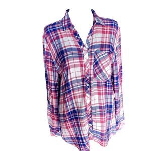 id:23 blue & pink Sz M long sleeve w/roll tab for 3/4 sleeves | EUC